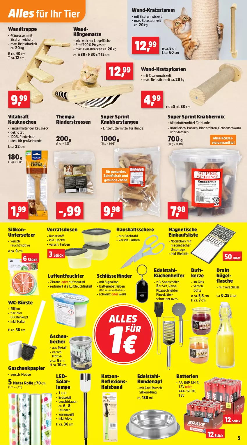 Aktueller Prospekt Thomas Philipps - von 22.09 bis 27.09.2025 - strona 5 - produkty: akku, alleinfuttermittel, arla, auer, batterie, batterien, Becher, Bleistift, bügel, bügelflasche, bürste, bürsten, decke, Deckel, Draht, Duftkerze, edelstahl, eier, eis, flasche, fleisch, frucht, Geschenkpapier, hängematte, kerze, kraft, küche, Küchen, Küchenhelfer, Lampe, leds, Liege, Luftentfeuchter, papier, Pinsel, pizza, rind, rinder, ring, Schere, Signal, snack, solarlampe, tender, Ti, tisch, Untersetzer, vita, vitakraft, WC-Bürste, WICK, zitrone
