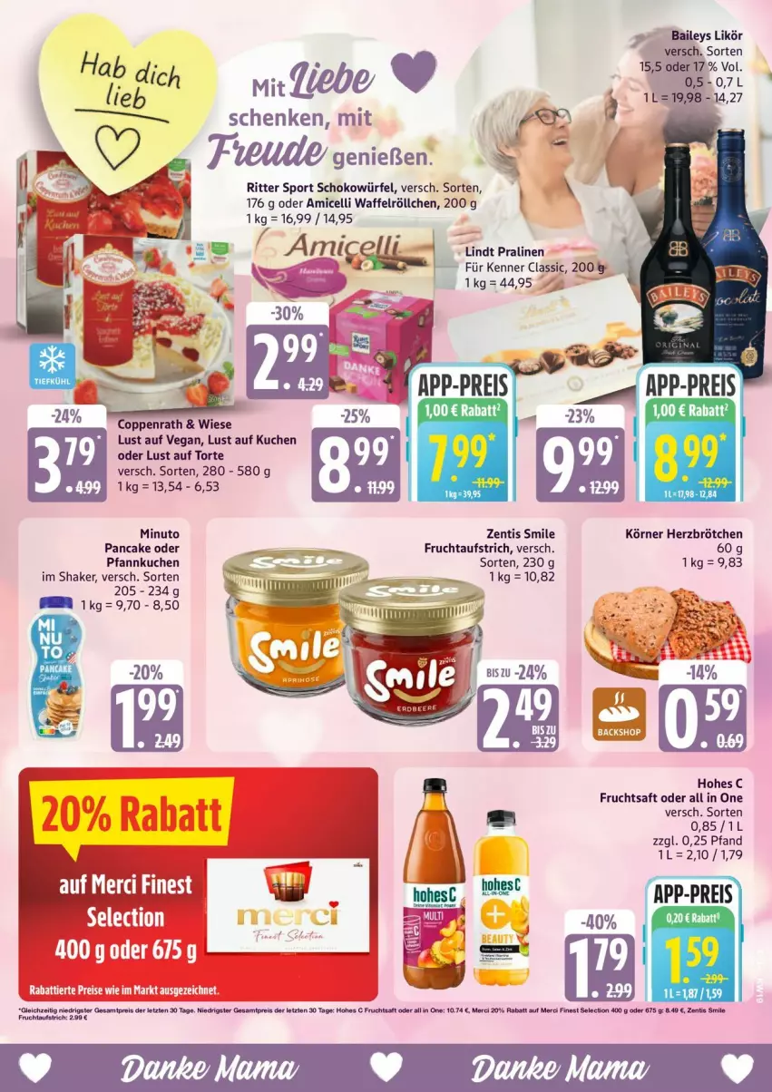 Aktueller Prospekt Edeka - Prospekte - von 04.05 bis 09.05.2026 - strona 3 - produkty: amicelli, aufstrich, baileys, brötchen, coppenrath, eis, frucht, fruchtaufstrich, fruchtsaft, Hohes C, kuchen, likör, lindt, Lust auf Kuchen, Lust auf Torte, merci, Pfannkuchen, pralinen, reis, ritter, ritter sport, saft, schoko, schokowürfel, shake, Sport, Ti, torte, Waffelröllchen, würfel, zentis, ZTE