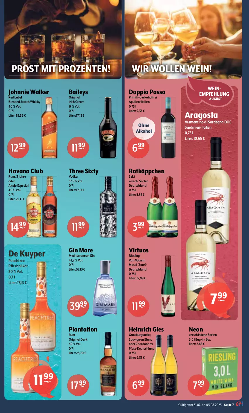 Aktueller Prospekt Getraenke Hoffmann - Prospekte - von 31.07 bis 05.08.2023 - strona 7 - produkty: alkohol, Alwa, auer, bag-in-box, baileys, blended scotch, blended scotch whisky, Bundaberg, burgunder, chardonnay, doppio passo, eis, elle, ente, erde, erfrischungsgetränk, erfrischungsgetränke, Forstetal, frucht, gerolsteine, gerolsteiner, getränk, getränke, gewinnspiel, gin, gin mare, ginger, granini, granini die limo, grauburgunder, Havana Club, hella, ice tea, irish cream, johnnie walker, krombache, krombacher, likör, limette, limo, mac, Mett, mineralwasser, mit frucht, natur, natürliches mineralwasser, ohne alkohol, orange, passo, pfirsich, primitivo, reis, rel, rheinfels quelle, RhönSprudel, riesling, rotkäppchen, rum, sauvignon, sauvignon blanc, scotch, scotch whisky, sekt, Spiele, Sprudel, steiner, Three Sixty, Ti, vodka, volvic, wasser, wein, weine, whisky, wolle, zitrone