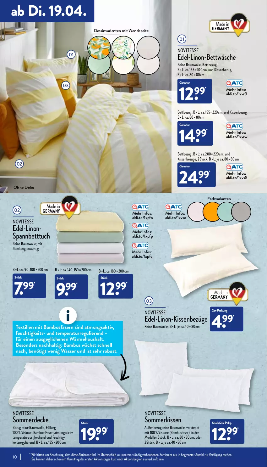 Aktueller Prospekt Aldi Nord - Aldi-Aktuell - von 19.04 bis 23.04.2022 - strona 10 - produkty: aldi, bambus, Bau, baumwolle, bett, Betttuch, bettwäsche, decke, dell, elle, erde, garnitur, Germ, gin, kissen, Kissenbezug, Mode, reine baumwolle, Ria, spannbetttuch, Ti, tuc, wasser, wolle, ZTE