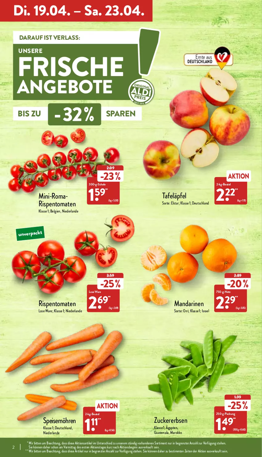 Aktueller Prospekt Aldi Nord - Aldi-Aktuell - von 19.04 bis 23.04.2022 - strona 2 - produkty: angebot, angebote, beutel, eis, erbsen, gin, LG, mandarine, mandarinen, möhren, rispentomaten, Schal, Schale, speisemöhren, tafeläpfel, Ti, tomate, tomaten, ZTE, zucker