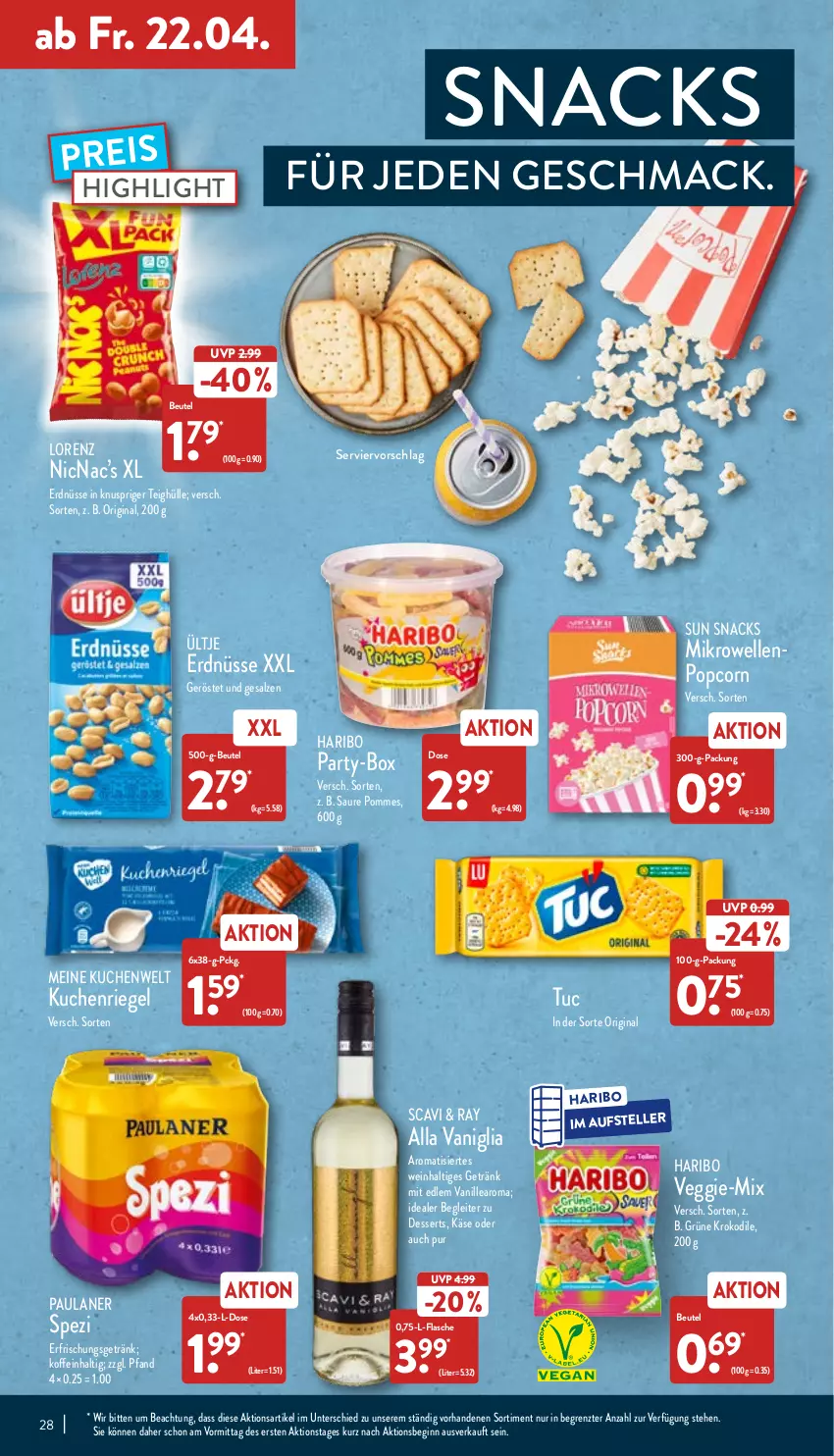 Aktueller Prospekt Aldi Nord - Aldi-Aktuell - von 19.04 bis 23.04.2022 - strona 28 - produkty: beutel, dessert, desserts, eis, elle, erdnüsse, erfrischungsgetränk, flasche, getränk, gin, haribo, Käse, kuchen, lorenz, mac, mikrowelle, Paula, paulaner, pommes, popcorn, reis, riegel, salz, snack, snacks, Spezi, Sun Snacks, teller, Ti, tuc, ültje, ültje erdnüsse, vanille, veggie, wein, ZTE