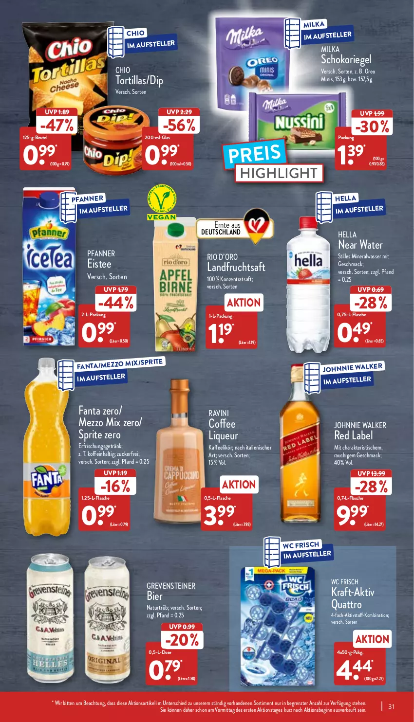 Aktueller Prospekt Aldi Nord - Aldi-Aktuell - von 19.04 bis 23.04.2022 - strona 31 - produkty: Alwa, beutel, bier, dip, eis, eistee, elle, erfrischungsgetränk, fanta, flasche, frucht, fruchtsaft, getränk, gin, grevensteiner, hella, johnnie walker, kaffee, kraft, likör, liqueur, mac, Mezzo Mix, milka, mineralwasser, natur, oreo, pfanne, Pfanner, Rauch, reis, riegel, saft, schoko, schokoriegel, sprite, steiner, tee, teller, Ti, tisch, tortilla, tortillas, wasser, wc frisch, ZTE, zucker