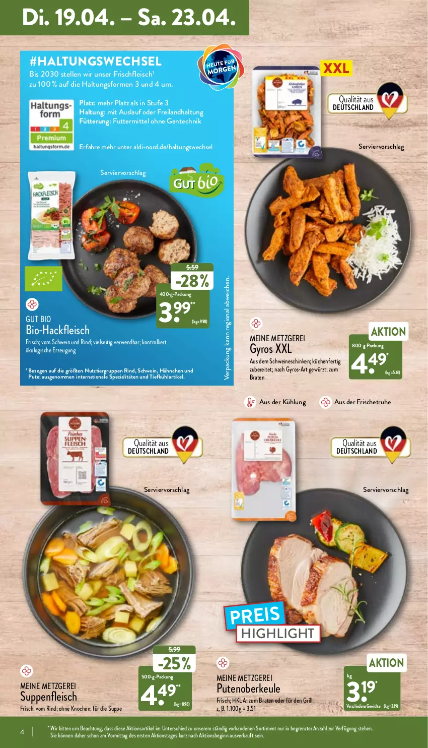 Aktueller Prospekt Aldi Nord - Aldi-Aktuell - von 19.04 bis 23.04.2022 - strona 4 - produkty: aldi, bio, Bio-Hackfleisch, braten, eis, elle, ente, fleisch, gewürz, gin, grill, gsw, gyros, hackfleisch, küche, Küchen, pute, Putenoberkeule, reis, rind, rwe, schinken, schwein, schwein und rind, schweine, Spezi, suppe, suppen, suppenfleisch, Ti, trolli, vom schwein und rind, wein, weine, ZTE