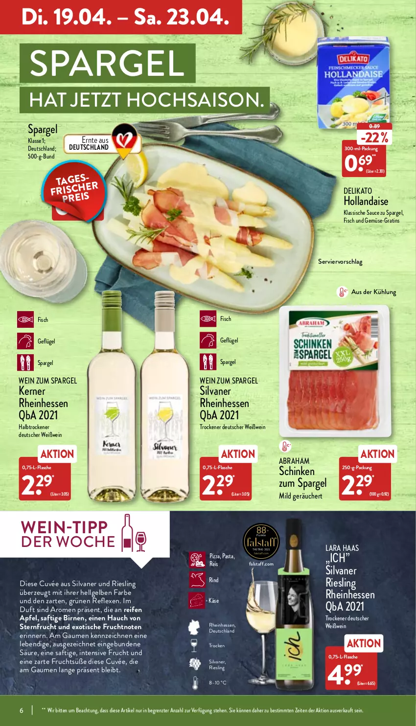 Aktueller Prospekt Aldi Nord - Aldi-Aktuell - von 19.04 bis 23.04.2022 - strona 6 - produkty: apfel, asti, Birnen, cuvée, eis, fisch, flasche, frucht, Geflügel, hollandaise, Käse, LG, pasta, pizza, reifen, reis, riesling, rind, saft, sauce, schinken, silvaner, spargel, Ti, tisch, und gemüse, wein, Weißwein, ZTE