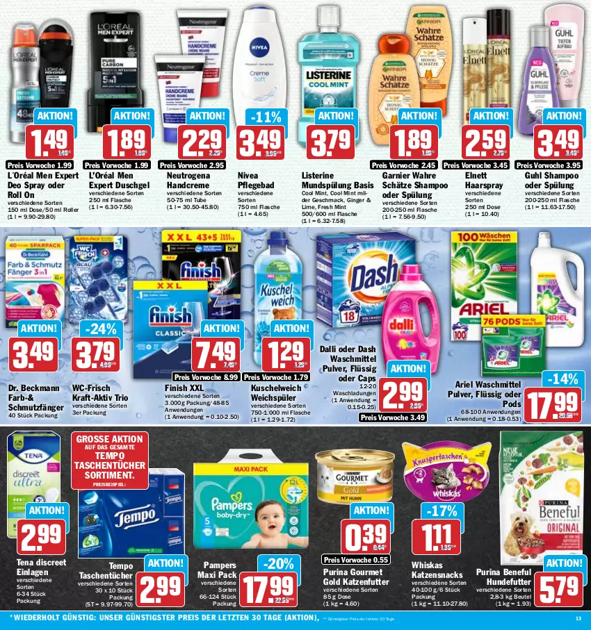 Aktueller Prospekt Hit - Prospekte - von 09.01 bis 14.01.2023 - strona 13 - produkty: ariel, ariel waschmittel, Bad, beutel, Cap, creme, dalli, deo, deo spray, Discreet, Dr. Beckmann, duschgel, eis, elnett, Finish, flasche, garnier, gin, ginger, gourmet gold, Guhl, haarspray, handcreme, katzenfutter, katzensnack, katzensnacks, kraft, Kuschelweich, L´Oréal, listerine, mac, mint, mundspülung, neutrogena, nivea, pampers, Pods, purina, reis, Roller, shampoo, shampoo oder spülung, snack, snacks, spülung, Tasche, taschen, taschentücher, Tempo, Ti, tücher, waschmittel, weichspüler, whiskas, ZTE