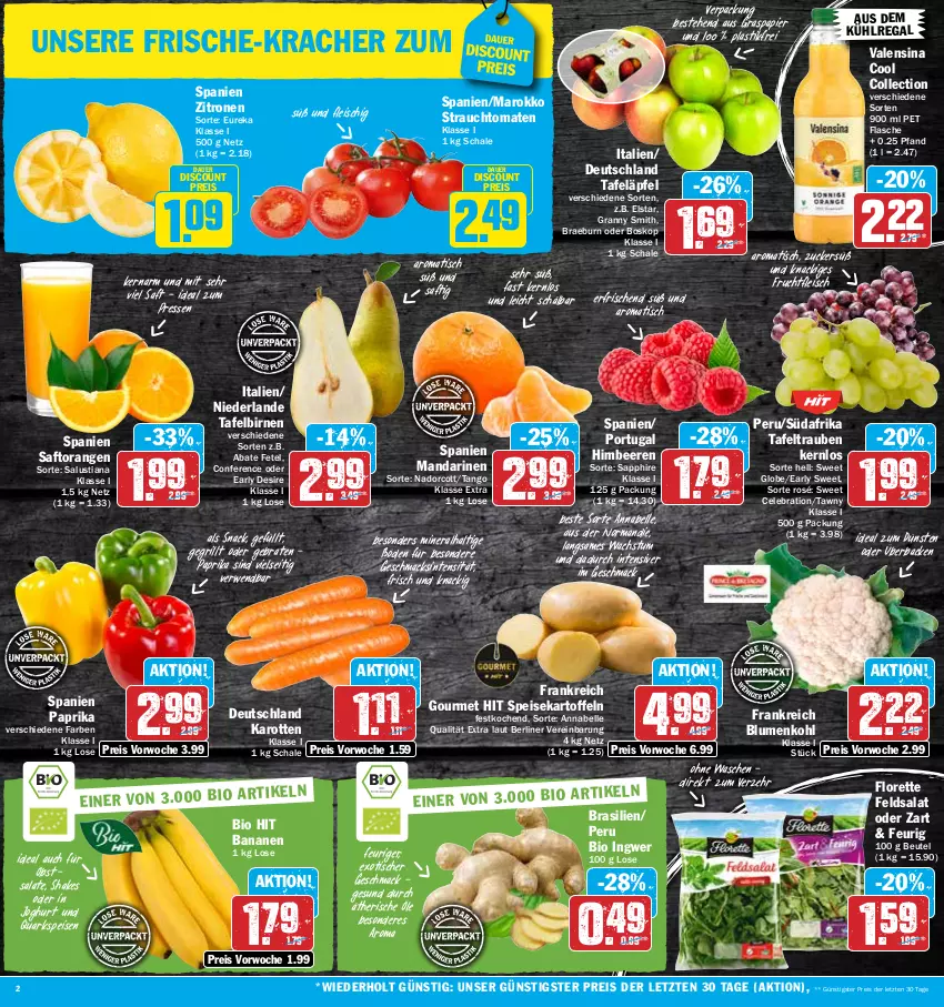 Aktueller Prospekt Hit - Prospekte - von 09.01 bis 14.01.2023 - strona 2 - produkty: asti, auer, aus dem kühlregal, banane, bananen, beere, beeren, berliner, beutel, bio, bio hit, Birnen, blume, blumen, blumenkohl, braten, discount, eis, elle, feldsalat, flasche, fleisch, florette, frucht, fruchtfleisch, grill, himbeer, himbeere, himbeeren, ingwer, joghur, joghurt, karotten, kartoffel, kartoffeln, kracher, kühlregal, Lusti, mac, mandarine, mandarinen, obst, orange, orangen, papier, paprika, quark, Rauch, regal, reis, rwe, saft, Saftorangen, salat, salate, Salus, sapphire, Schal, Schale, shake, snack, speisekartoffeln, strauchtomaten, tafeläpfel, tafelbirnen, tafeltrauben, Ti, tisch, tomate, tomaten, trauben, valensina, zitrone, zitronen, ZTE, zucker