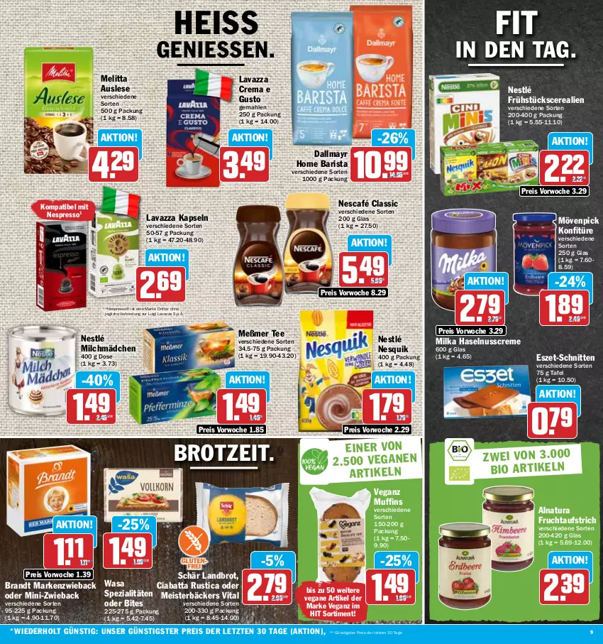 Aktueller Prospekt Hit - Prospekte - von 09.01 bis 14.01.2023 - strona 9 - produkty: aufstrich, bites, brandt, brot, cerealien, ciabatta, creme, dallmayr, eis, espresso, frucht, fruchtaufstrich, haselnuss, Haselnusscreme, konfitüre, lavazza, Markenzwieback, Meister, melitta, Meßmer, milch, milka, mövenpick, Muffin, muffins, natur, natura, Nescafé, nespresso, nesquik, nestlé, nuss, reis, ritter, schnitten, Spezi, tee, Ti, vita, wasa, ZTE