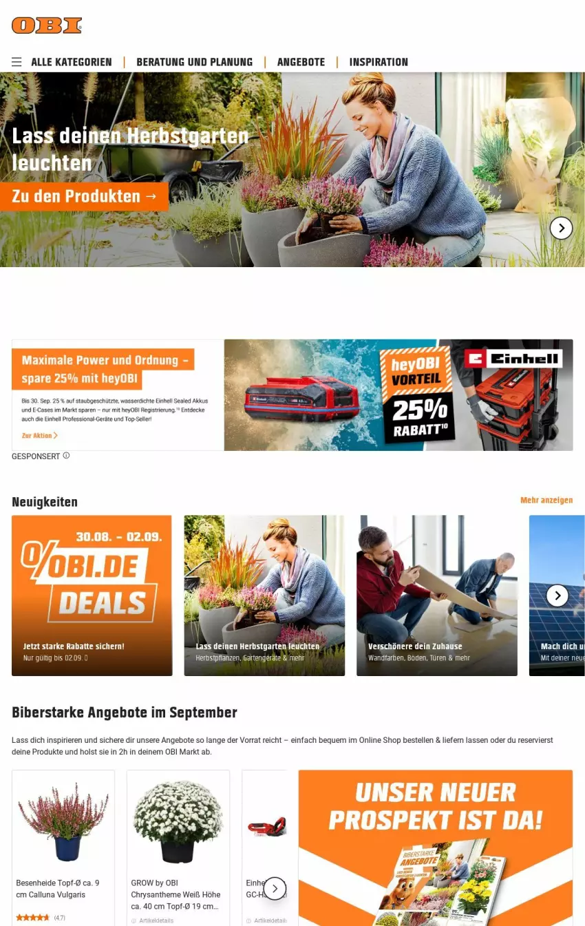 Aktueller Prospekt Obi - Prospekte - von 03.09 bis 11.09.2024 - strona 1 - produkty: akku, angebot, angebote, decke, einhell, elle, LG, mac, Ti, topf, wasser, Yo, ZTE