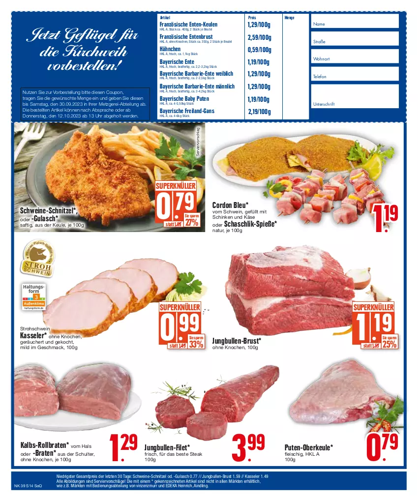 Aktueller Prospekt Edeka - Angebote der Woche - von 25.09 bis 30.09.2023 - strona 14 - produkty: Abtei, beutel, braten, cordon bleu, coupon, deka, eis, elle, ente, Entenbrust, erde, filet, fleisch, Geflügel, gulasch, jungbullen, Käse, kasseler, mac, natur, pute, reis, rollbraten, saft, schinken, schnitzel, schwein, schweine, schweine-schnitzel, steak, telefon, Ti, uhr, wein, weine, ZTE