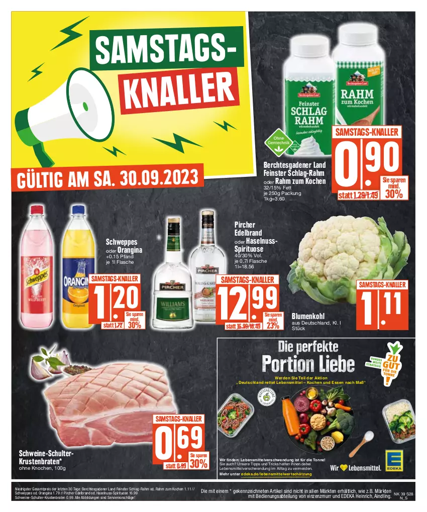 Aktueller Prospekt Edeka - Angebote der Woche - von 25.09 bis 30.09.2023 - strona 28 - produkty: Abtei, blume, blumen, blumenkohl, braten, deka, eis, erde, flasche, gin, haselnuss, krustenbraten, lebensmittel, nuss, orangina, pircher, reis, schwein, schweine, schweppes, Ti, wein, weine, ZTE