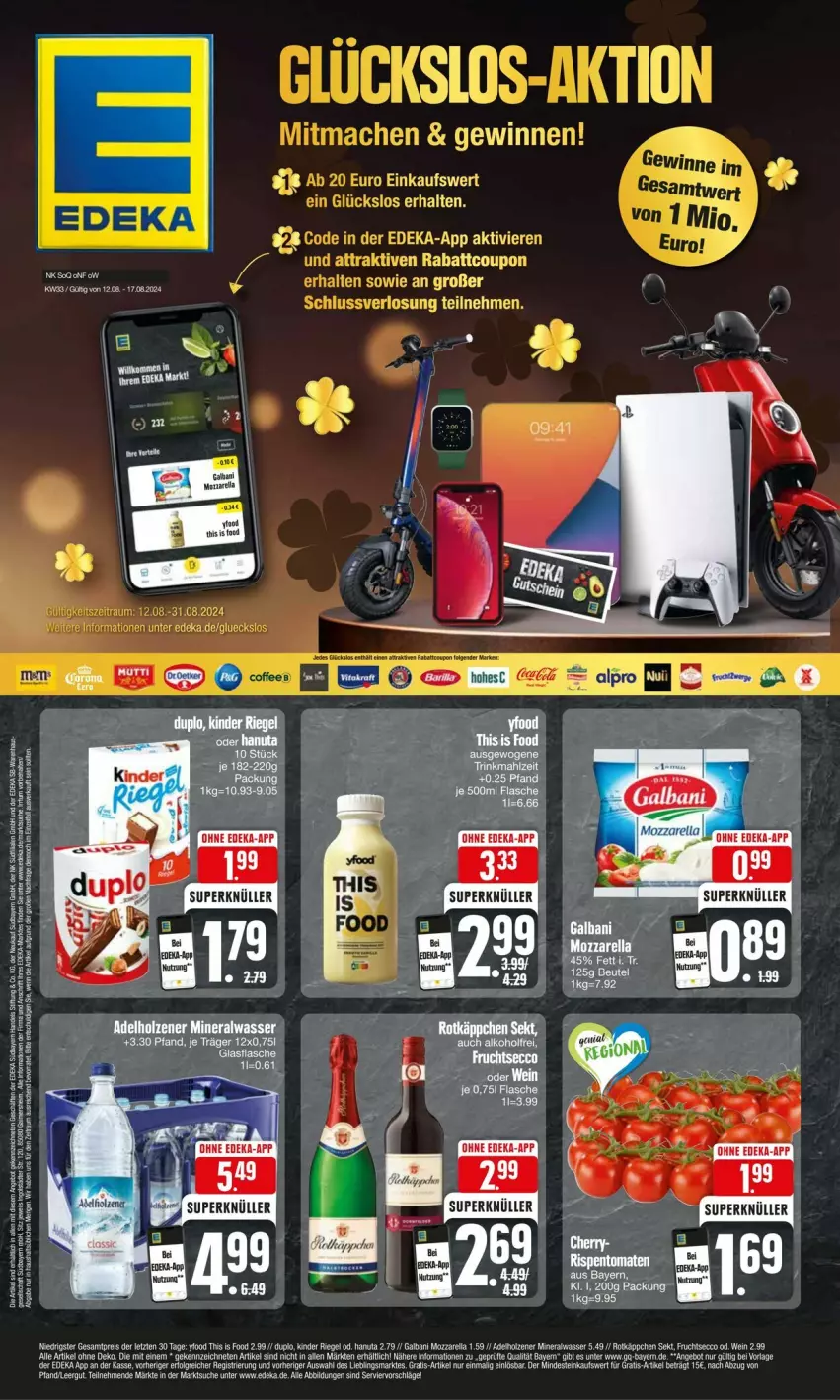 Aktueller Prospekt Edeka - Prospekte - von 11.08 bis 17.08.2024 - strona 1 - produkty: adelholzener, Alwa, angebot, deka, flasche, glasflasche, Holz, mac, mineralwasser, rel, Ti, wasser