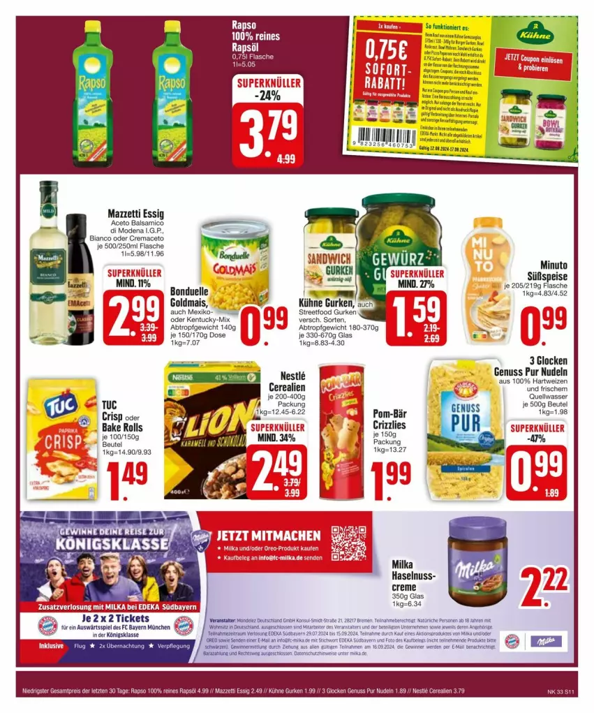 Aktueller Prospekt Edeka - Prospekte - von 11.08 bis 17.08.2024 - strona 13 - produkty: aceto, aceto balsamico, balsam, balsamico, beutel, cerealien, creme, eis, erde, essig, flasche, gurke, gurken, hartweizen, haselnuss, Kühne, LG, mac, mais, milka, Mode, nudel, nudeln, nuss, pom-bär, rapso, rapsöl, Ti, tuc, wasser