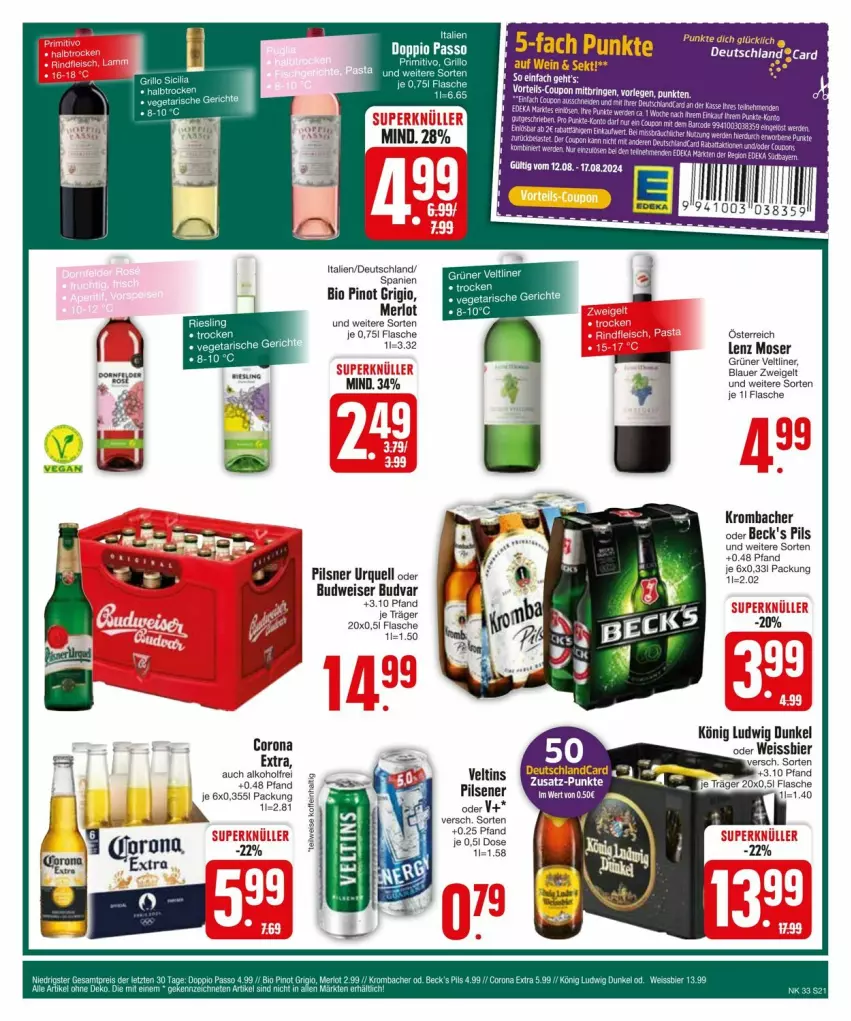 Aktueller Prospekt Edeka - Prospekte - von 11.08 bis 17.08.2024 - strona 23 - produkty: alkohol, auer, beck's, bier, bio, blauer zweigelt, budweiser, corona, deutschlandcard, eis, elle, erde, flasche, grüner veltliner, krombache, krombacher, Lenz Moser, merl, merlot, moser, pils, pilsener, pilsner, pilsner urquell, Pinot, pinot grigio, Ti, veltins, veltins pilsener, weissbier, Zweigelt