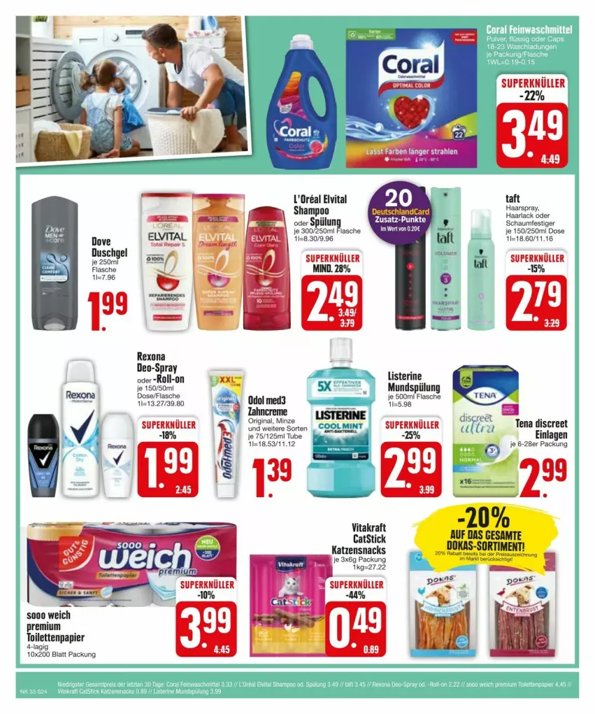 Aktueller Prospekt Edeka - Prospekte - von 11.08 bis 17.08.2024 - strona 26 - produkty: arla, Bau, deo, deutschlandcard, Discreet, dove, duschgel, elvital, fisch, fische, flasche, Haarlack, haarspray, katzensnack, katzensnacks, kraft, l'oreal, lack, listerine, mundspülung, papier, rexona, Ria, roll-on, schaumfestiger, shampoo, snack, snacks, spülung, Taft, Ti, toilettenpapier, vita, vitakraft