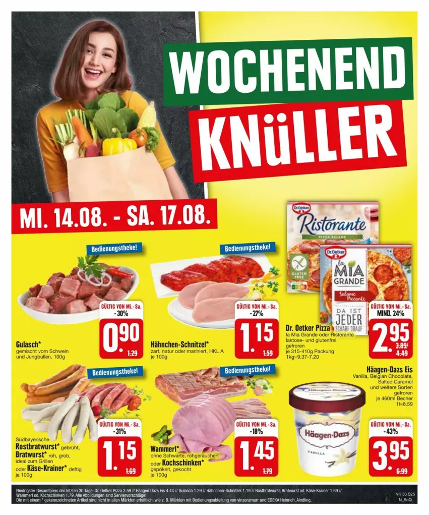 Aktueller Prospekt Edeka - Prospekte - von 11.08 bis 17.08.2024 - strona 27 - produkty: bratwurst, caramel, cola, deka, Dr. Oetker, eis, gulasch, häagen-dazs, jungbullen, Käse, kochschinken, LG, merl, natur, pizza, schinken, schnitzel, schwein, Ti, wein, wurst