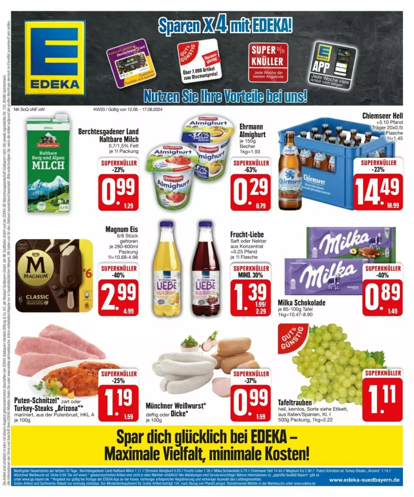 Aktueller Prospekt Edeka - Prospekte - von 11.08 bis 17.08.2024 - strona 3 - produkty: almighur, almighurt, Becher, deka, ehrmann, eis, flasche, frucht, haltbare milch, magnum, milch, milka, milka schokolade, Nektar, pute, putenbrust, saft, schnitzel, schoko, schokolade, steak, steaks, Ti, Weißwurst, wurst