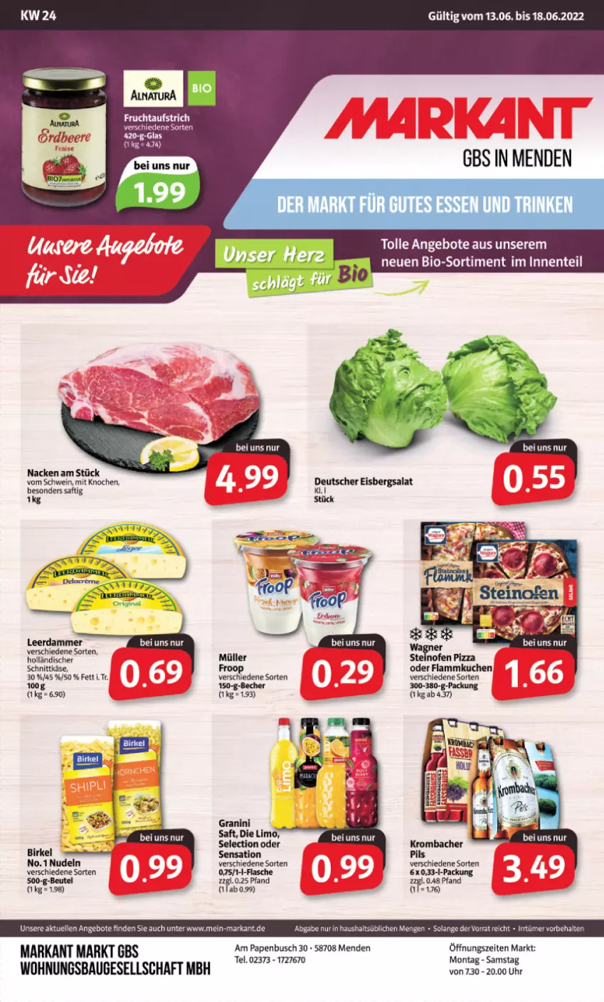 Aktueller Prospekt Markant - Prospekte - von 13.06 bis 18.06.2022 - strona 1 - produkty: angebot, angebote, aufstrich, Bau, Becher, bio, elle, ente, flammkuchen, flasche, froop, frucht, fruchtaufstrich, Käse, kuchen, lamm, leerdammer, Müller, nudel, nudeln, saft, schnittkäse, schwein, Ti, uhr, wein