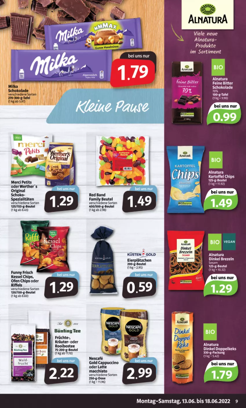 Aktueller Prospekt Markant - Prospekte - von 13.06 bis 18.06.2022 - strona 9 - produkty: ACC, beutel, bio, Cap, cappuccino, chia, chips, cin, eier, Funny Frisch, gin, kartoffel, keks, latte, Lätzche, mac, macchiato, natur, natura, nescafe, schoko, schokolade, Spezi