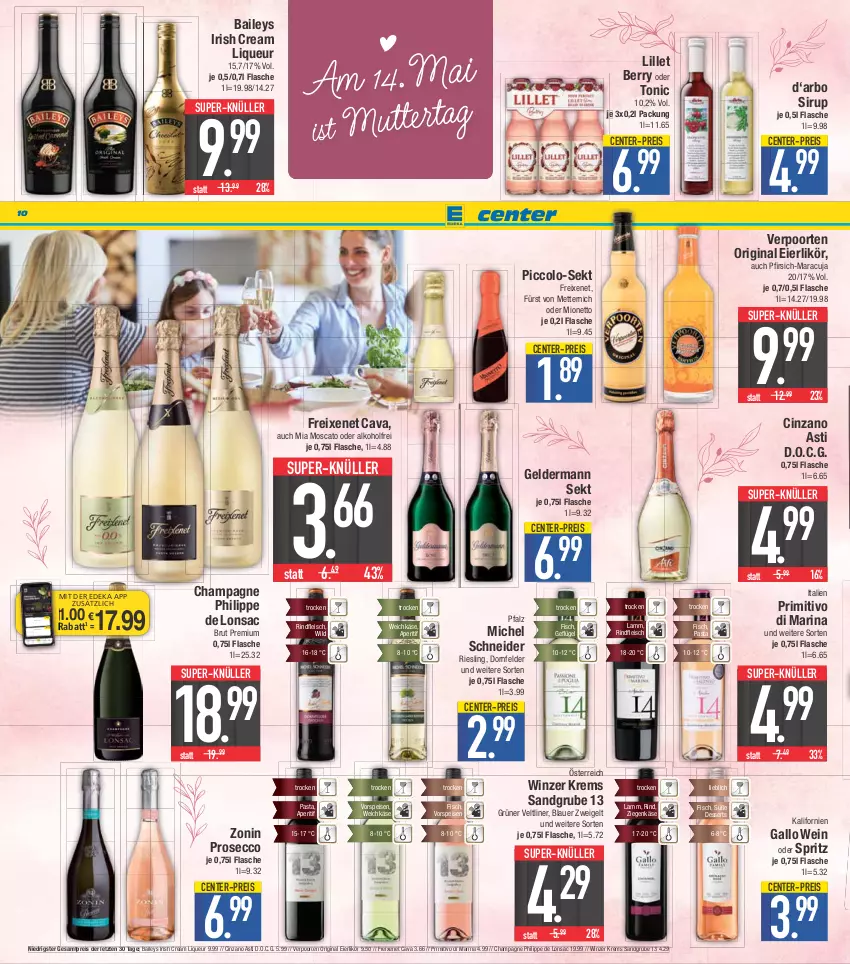 Aktueller Prospekt E Center - Angebote der Woche - von 08.05 bis 13.05.2023 - strona 10 - produkty: alkohol, aperitif, asti, auer, baileys, blauer zweigelt, brut, Cava, champagne, cin, cinzano, Cinzano Asti, coupon, deka, dessert, desserts, dornfelder, ecco, eier, eierlikör, eis, ente, fisch, flasche, fleisch, freixenet, fürst von metternich, gallo, Geflügel, geldermann, gin, grüner veltliner, irish cream, Käse, lamm, likör, lillet, liqueur, maracuja, Mett, metternich, Michel Schneider, mionetto, nuss, pasta, pfirsich, primitivo, prosecco, reis, riesling, rind, rindfleisch, sac, sekt, sirup, super-knüller, Ti, tonic, verpoorten, vorspeise, weichkäse, wein, Wild, ziegenkäse, zonin, ZTE, Zweigelt