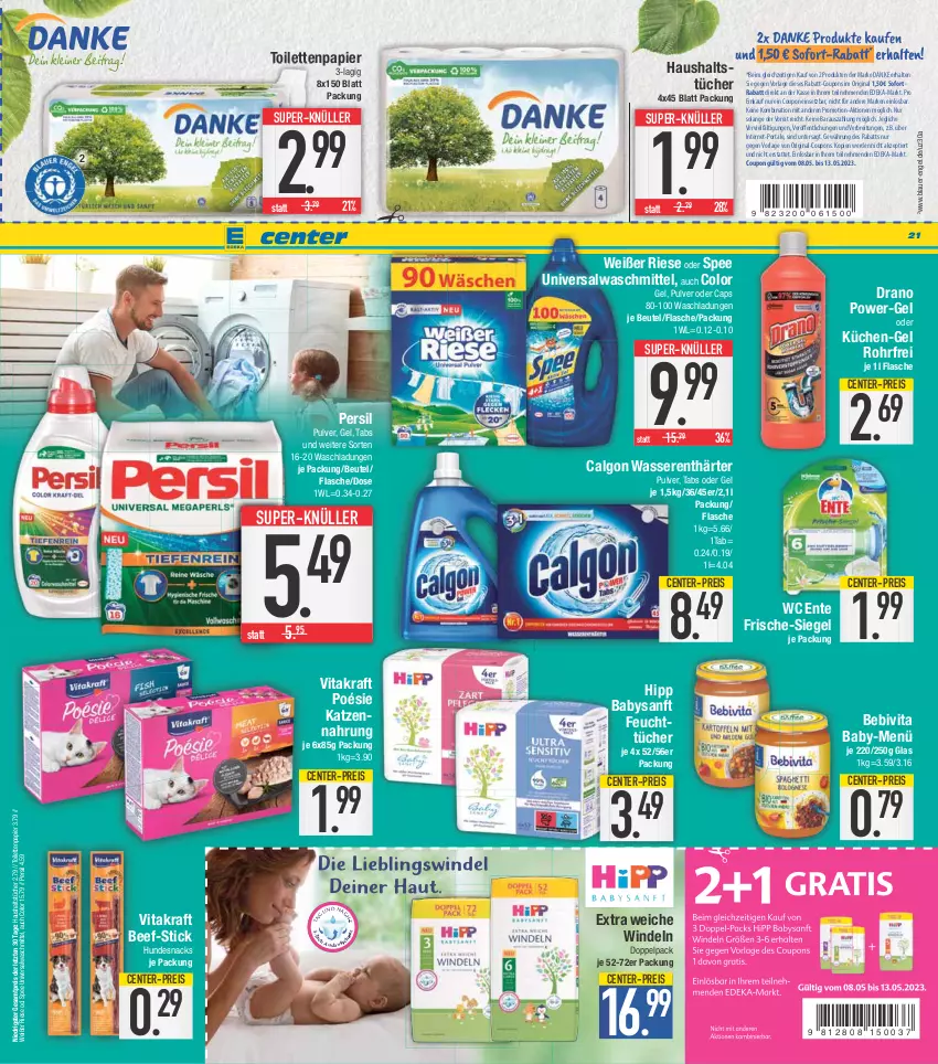 Aktueller Prospekt E Center - Angebote der Woche - von 08.05 bis 13.05.2023 - strona 21 - produkty: Alwa, auer, bebivita, beef, beutel, Brei, calgon, Cap, coupon, coupons, deka, eis, Engel, ente, erde, feuchttücher, flasche, gin, haushaltstücher, hipp, hundesnack, hundesnacks, katzennahrung, kraft, küche, Küchen, LG, papier, persil, power-gel, rabatt-coupon, reis, snack, snacks, sofortrabatt, spee, super-knüller, Ti, toilettenpapier, tücher, vita, vitakraft, waschmittel, wasser, wasserenthärter, wc ente, windeln, ZTE