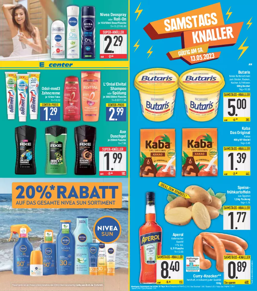 Aktueller Prospekt E Center - Angebote der Woche - von 08.05 bis 13.05.2023 - strona 23 - produkty: aperitif, aperol, axe, axe duschgel, Becher, beutel, braten, butter, Butterschmalz, creme, curry, deka, deo, deospray, duschgel, eis, elvital, ente, flasche, Frühkartoffeln, gin, kakao, kartoffel, kartoffeln, knacker, malz, nivea, Odol, reis, roll-on, Schmalz, shampoo, shampoo oder spülung, speisefrühkartoffeln, spülung, super-knüller, Ti, Tiere, vita, zahncreme, ZTE