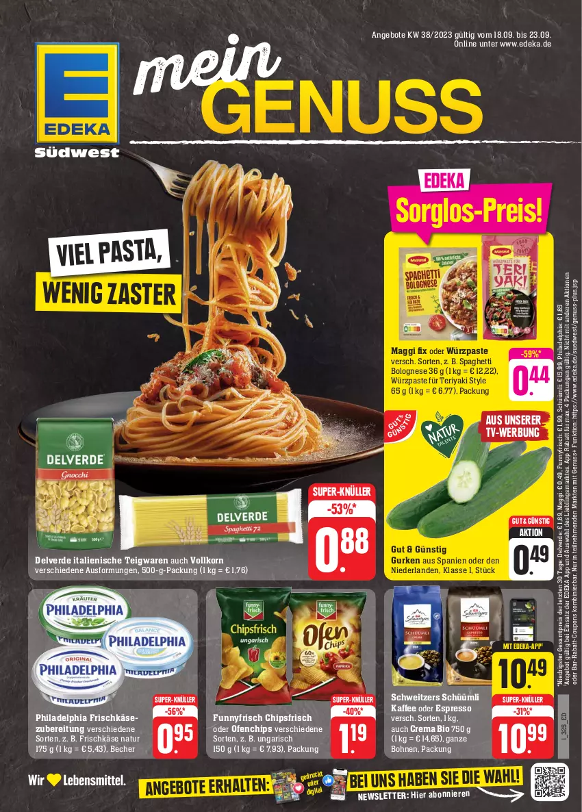 Aktueller Prospekt Edeka - Angebote der Woche - von 18.09 bis 23.09.2023 - strona 1 - produkty: angebot, angebote, Becher, bio, bohne, bohnen, bolognese, chips, chipsfrisch, coupon, coupons, deka, eis, erde, espresso, frischkäse, frischkäsezubereitung, gurke, gurken, kaffee, Käse, korn, maggi, maggi fix, natur, nuss, oder espresso, Ofen, pasta, philadelphia, rabatt-coupon, reis, spaghetti, spaghetti bolognese, super-knüller, teigwaren, Ti, ZTE