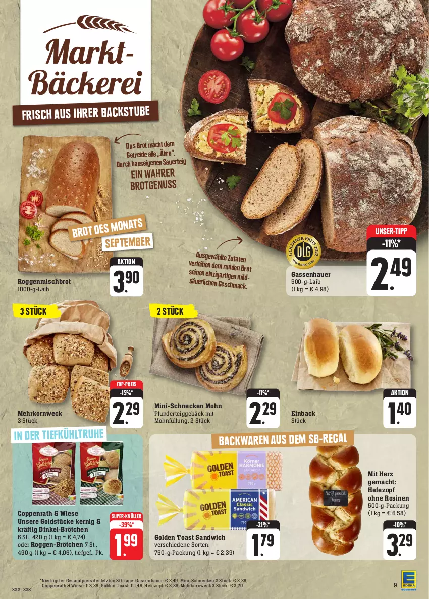 Aktueller Prospekt Edeka - Angebote der Woche - von 18.09 bis 23.09.2023 - strona 11 - produkty: auer, brot, brötchen, coppenrath, eis, golden toast, Goldstücke, Hefe, korn, mac, Mini-Schnecken, Plunder, reis, sandwich, stube, super-knüller, Ti, toast, top-preis, weck, ZTE