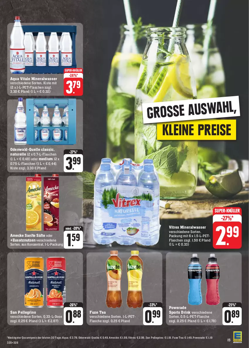 Aktueller Prospekt Edeka - Angebote der Woche - von 18.09 bis 23.09.2023 - strona 17 - produkty: Alwa, amecke, aqua, drink, eis, elle, flasche, fuze tea, leine, mineralwasser, natur, odenwald, pet-flasche, pet-flaschen, reis, rel, säfte, san pellegrino, Sport, super-knüller, vita, vitrex, wasser, ZTE