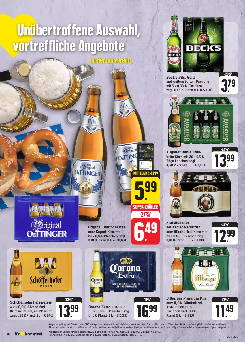 Aktueller Prospekt Edeka - Angebote der Woche - von 18.09 bis 23.09.2023 - strona 18 - produkty: alkohol, angebot, angebote, bier, bitburger, bügel, bügelflasche, burger, corona, corona extra, coupon, coupons, deka, eis, flasche, franziskaner, gin, Hefe, hefeweizen, LG, natur, nuss, oettinger, pils, premium pils, rabatt-coupon, reis, rotkäppchen, schöfferhofer, super-knüller, Ti, weissbier, ZTE