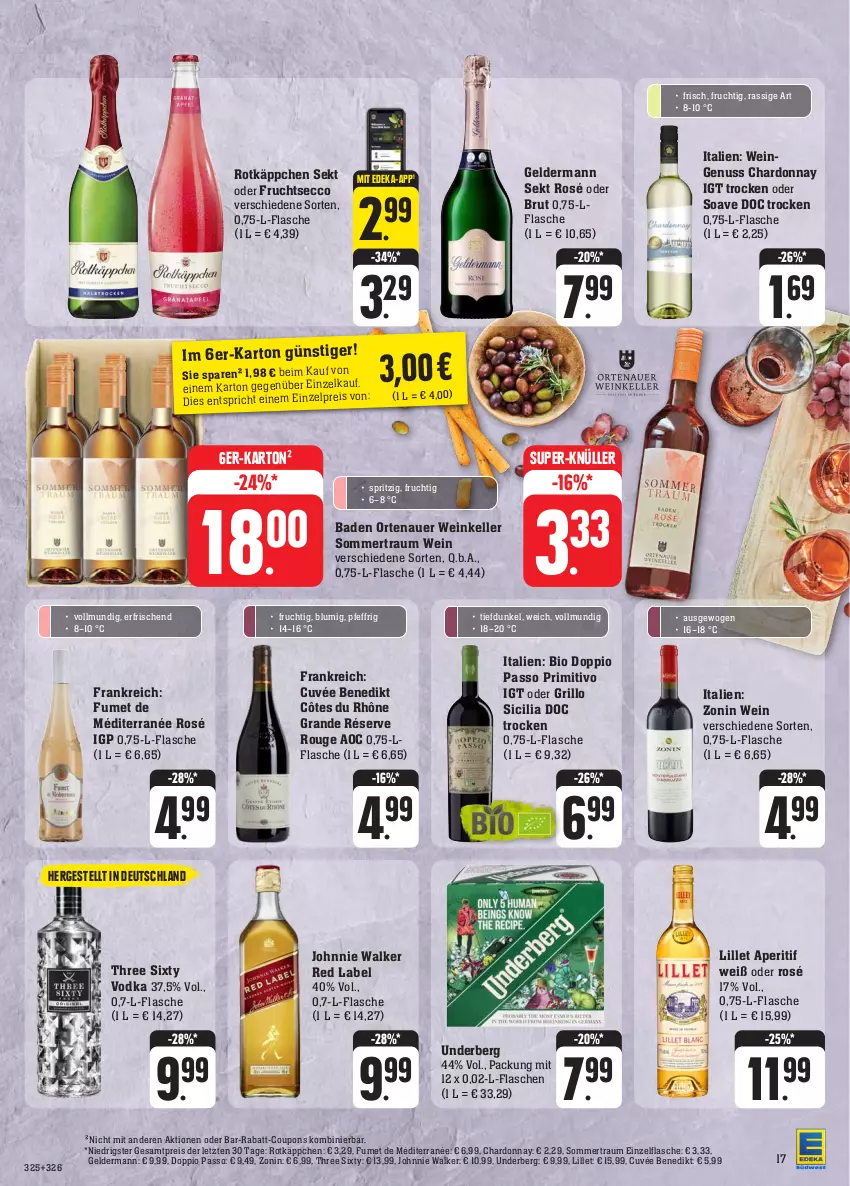 Aktueller Prospekt Edeka - Angebote der Woche - von 18.09 bis 23.09.2023 - strona 19 - produkty: aperitif, auer, Bad, bio, brut, chardonnay, coupon, coupons, cuvée, deka, doppio passo, ecco, eis, elle, flasche, frucht, fruchtsecco, geldermann, grill, grillo, johnnie walker, lillet, nuss, ortenauer, passo, primitivo, rabatt-coupon, reis, rotkäppchen, rouge, sekt, super-knüller, Three Sixty, Ti, underberg, vodka, wein, zonin, ZTE