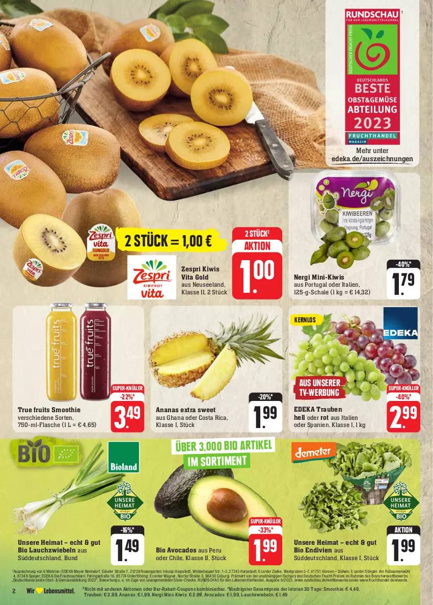 Aktueller Prospekt Edeka - Angebote der Woche - von 18.09 bis 23.09.2023 - strona 2 - produkty: Abtei, ananas, Astra, avocado, avocados, bio, coupon, coupons, deka, eis, Elan, ente, flasche, frucht, Garten, kiwi, Lauchzwiebel, lauchzwiebeln, lebensmittel, obst, rabatt-coupon, reis, ring, rosen, Schal, Schale, smoothie, speyer, Stiegl, super-knüller, Ti, trauben, true fruits, vita, wagner, Wild, zespri, ZTE, zwiebel, zwiebeln