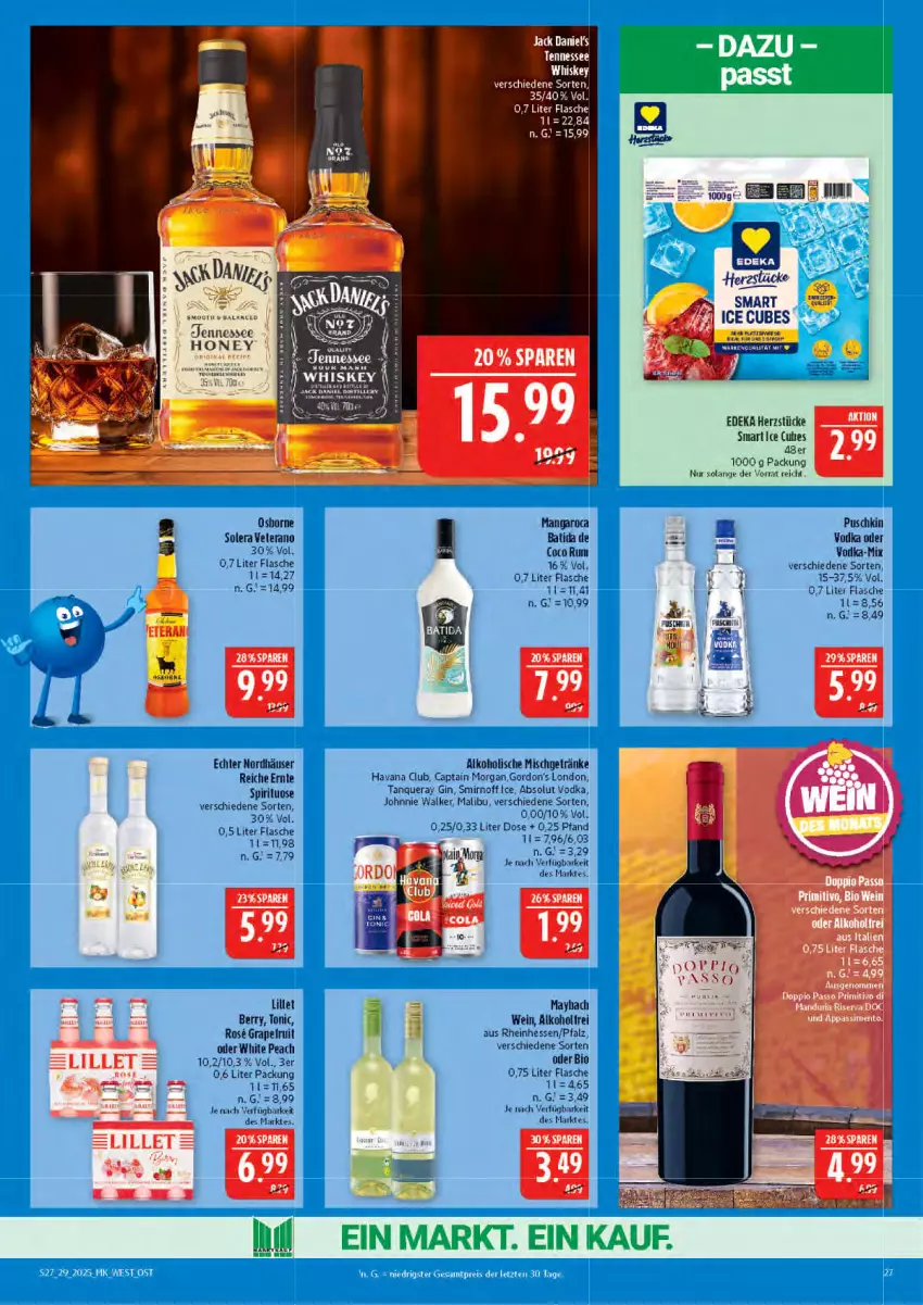 Aktueller Prospekt Marktkauf - Prospekt - von 13.07 bis 19.07.2025 - strona 27 - produkty: Absolut Vodka, alkohol, batida, bio, Cap, captain morgan, deka, flasche, getränk, getränke, gin, gordon, gordon's, johnnie walker, lillet, Malibu, mangaroca, maybach, rum, sac, smirnoff, Tanqueray, tee, Ti, tonic, vodka, wein, Yo