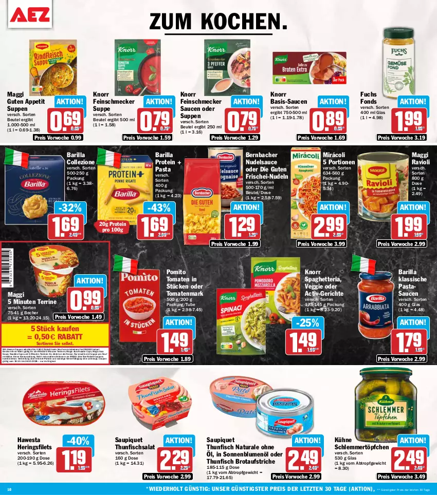 Aktueller Prospekt Aez - Prospekte - von 19.10 bis 24.10.2026 - strona 10 - produkty: aufstrich, barilla, Becher, bernbacher, beutel, blume, blumen, blumenöl, Brei, brot, brotaufstrich, brotaufstriche, coupon, coupons, eis, feinschmecker, filet, filets, fisch, frischei-nudeln, gin, hawesta, hering, Herings, heringsfilets, knorr, Kühne, maggi, Mirácoli, natur, natura, nudel, nudeln, pasta, pomito, rabatt-coupon, ravioli, reis, Ria, ring, salat, sauce, saucen, saupiquet, schlemmertöpfchen, sonnenblume, sonnenblumen, sonnenblumenöl, suppe, suppen, terrine, thunfisch, Thunfischsalat, Ti, Tiere, tomate, tomaten, tomatenmark, Töpfchen, veggie, ZTE