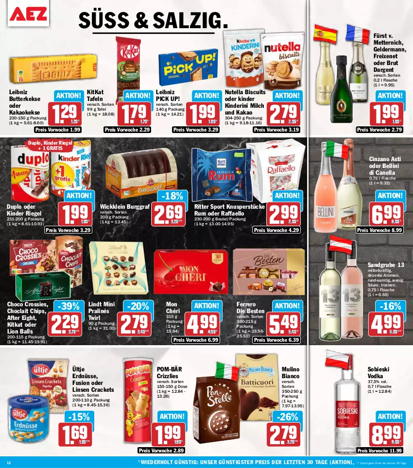 Aktueller Prospekt Aez - Prospekte - von 19.10 bis 24.10.2026 - strona 12 - produkty: after eight, asti, ball, beutel, brut, brut dargent, butter, butterkeks, chips, choclait chips, choco crossies, cin, cinzano, Cinzano Asti, crossies, duplo, eis, ente, erdnüsse, ferrero, flasche, freixenet, geldermann, kakao, keks, kekse, Kinder, kinder riegel, kitkat, leibniz, lindt, linsen, lion, Mett, metternich, milch, mini pralinés, Mon Chéri, nutella, Pick Up!, pom-bär, raffaello, reis, riegel, ritter, ritter sport, rum, salz, Sport, Ti, ültje, ültje erdnüsse, vodka, WICK, ZTE