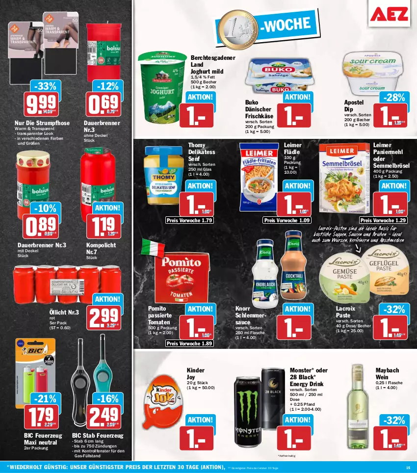 Aktueller Prospekt Aez - Prospekte - von 19.10 bis 24.10.2026 - strona 15 - produkty: auer, Becher, Brühe, Buko, decke, Deckel, delikatess senf, dip, drink, eimer, eis, energy drink, ente, fenster, Feuerzeug, flasche, frischkäse, hose, joghur, joghurt, joghurt mild, Käse, Kinder, knorr, lack, leimer, maybach, mehl, monster, Paniermehl, pomito, reis, rum, sauce, saucen, schlemmersauce, Semmel, Semmelbrösel, senf, Strumpfhose, suppe, suppen, thomy, Ti, tomate, tomaten, wein, ZTE