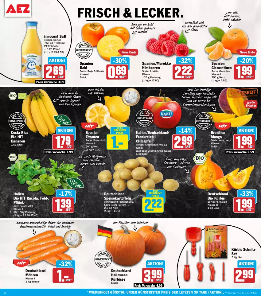 Aktueller Prospekt Aez - Prospekte - von 19.10 bis 24.10.2026 - strona 2 - produkty: apfel, auer, banane, bananen, Bau, beere, beeren, bio, bio hit, clementinen, cola, curry, discount, eis, erde, flasche, frucht, früchte, himbeer, himbeere, himbeeren, Innocent, joghur, joghurt, Kaki, kartoffel, kartoffeln, Kürbis, LG, mac, mango, möhren, nuss, obst, quark, reis, rucola, saft, salat, salate, Schal, Schale, shake, smoothie, smoothies, speisekartoffeln, spinat, Ti, tisch, vita, Vitamine, zitrone, zitronen, ZTE