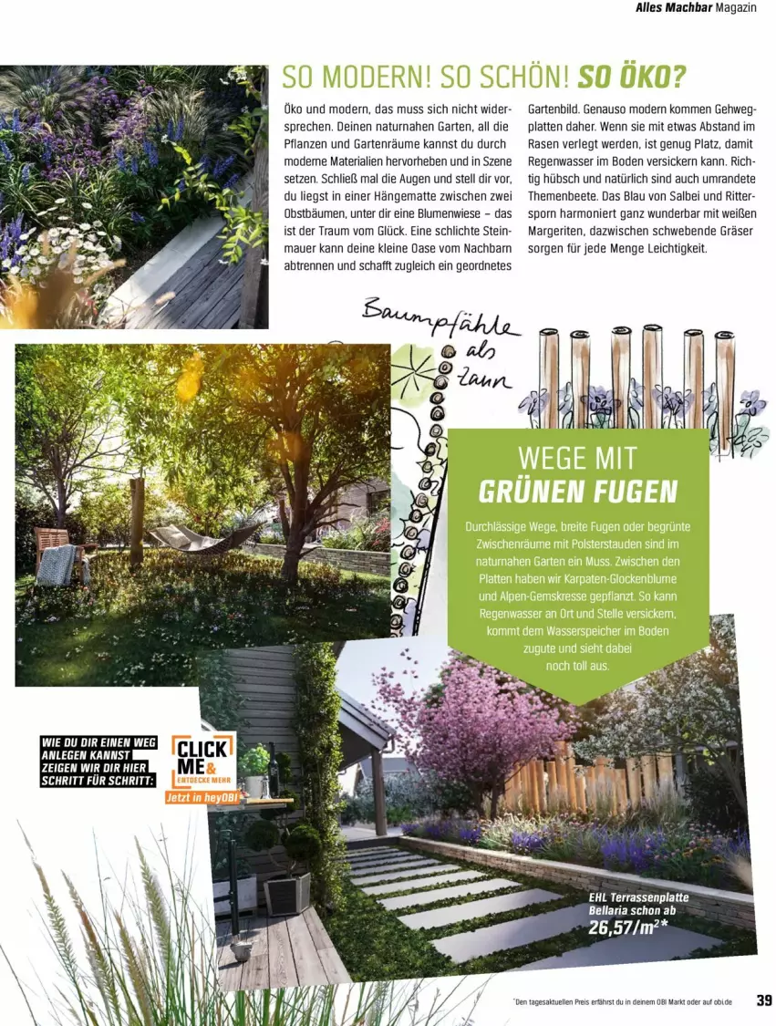 Aktueller Prospekt Obi - Prospekte - von 18.04 bis 31.05.2022 - strona 39 - produkty: auer, blume, blumen, eis, elle, erde, Garten, hängematte, latte, leine, mac, magazin, Mode, natur, obst, pflanze, pflanzen, rasen, reis, Ria, ritter, terrassenplatte, Ti, wasser