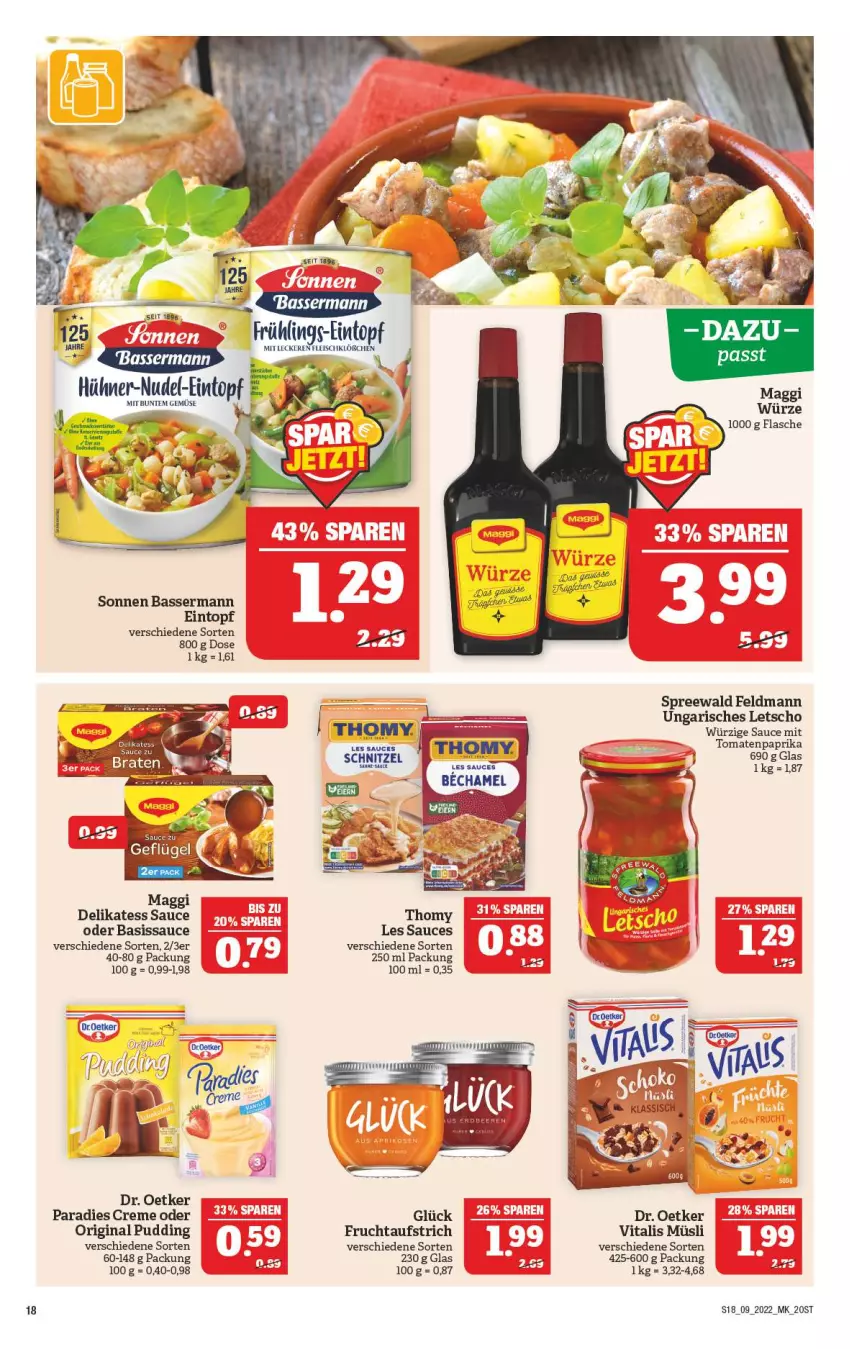 Aktueller Prospekt Marktkauf - Prospekt - von 27.02 bis 05.03.2022 - strona 22 - produkty: aufstrich, creme, delikatess sauce, Dr. Oetker, eintopf, flasche, frucht, fruchtaufstrich, gin, Letscho, maggi, müsli, paprika, Paradies Creme, pudding, sahne, sauce, schnitzel, thomy, Ti, tomate, tomaten, topf, vita, vitalis, vitalis müsli