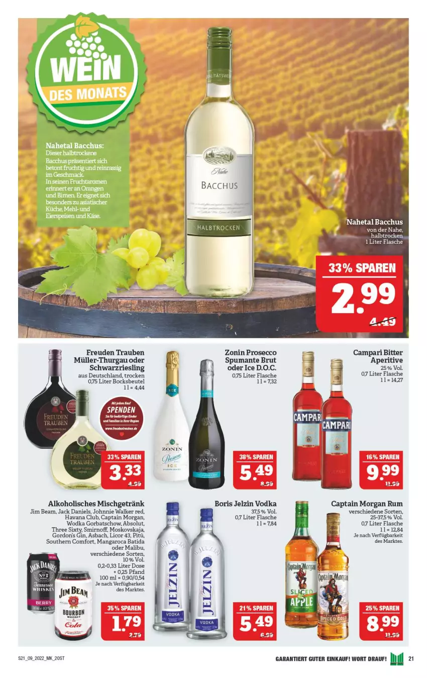 Aktueller Prospekt Marktkauf - Prospekt - von 27.02 bis 05.03.2022 - strona 25 - produkty: ACC, alkohol, batida, beutel, Boris Jelzin, brut, campari, Cap, captain morgan, ecco, flasche, getränk, gin, Gorbatschow, gordon, gordon's, Havana Club, jack daniel, jack daniels, jelzin, jim beam, johnnie walker, licor, licor 43, Malibu, mangaroca, Müller, Müller-Thurgau, prosecco, puma, riesling, rum, schwarzriesling, smirnoff, Southern Comfort, spumante, Three Sixty, Ti, trauben, vodka, whiskey, wodka, zonin