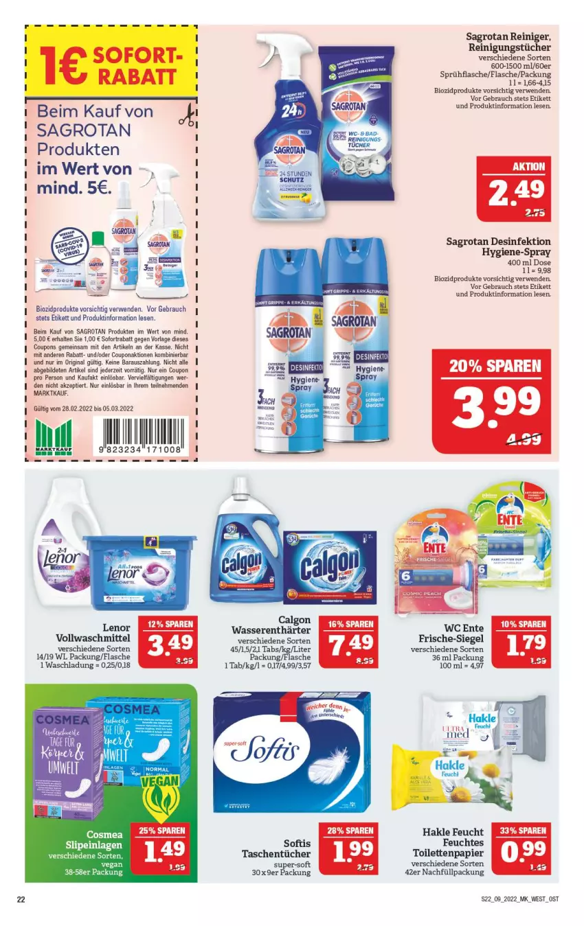 Aktueller Prospekt Marktkauf - Prospekt - von 27.02 bis 05.03.2022 - strona 26 - produkty: bio, biozidprodukte, calgon, cosmea, coupon, coupons, Desinfektion, ente, feuchtes toilettenpapier, flasche, gin, hakle, lenor, LG, papier, Rauch, reiniger, Reinigung, reinigungstücher, rwe, sagrotan, slip, slipeinlagen, sofortrabatt, sprühflasche, Tasche, taschen, taschentücher, Ti, toilettenpapier, tücher, vollwaschmittel, waschmittel, wasser, wasserenthärter, wc ente