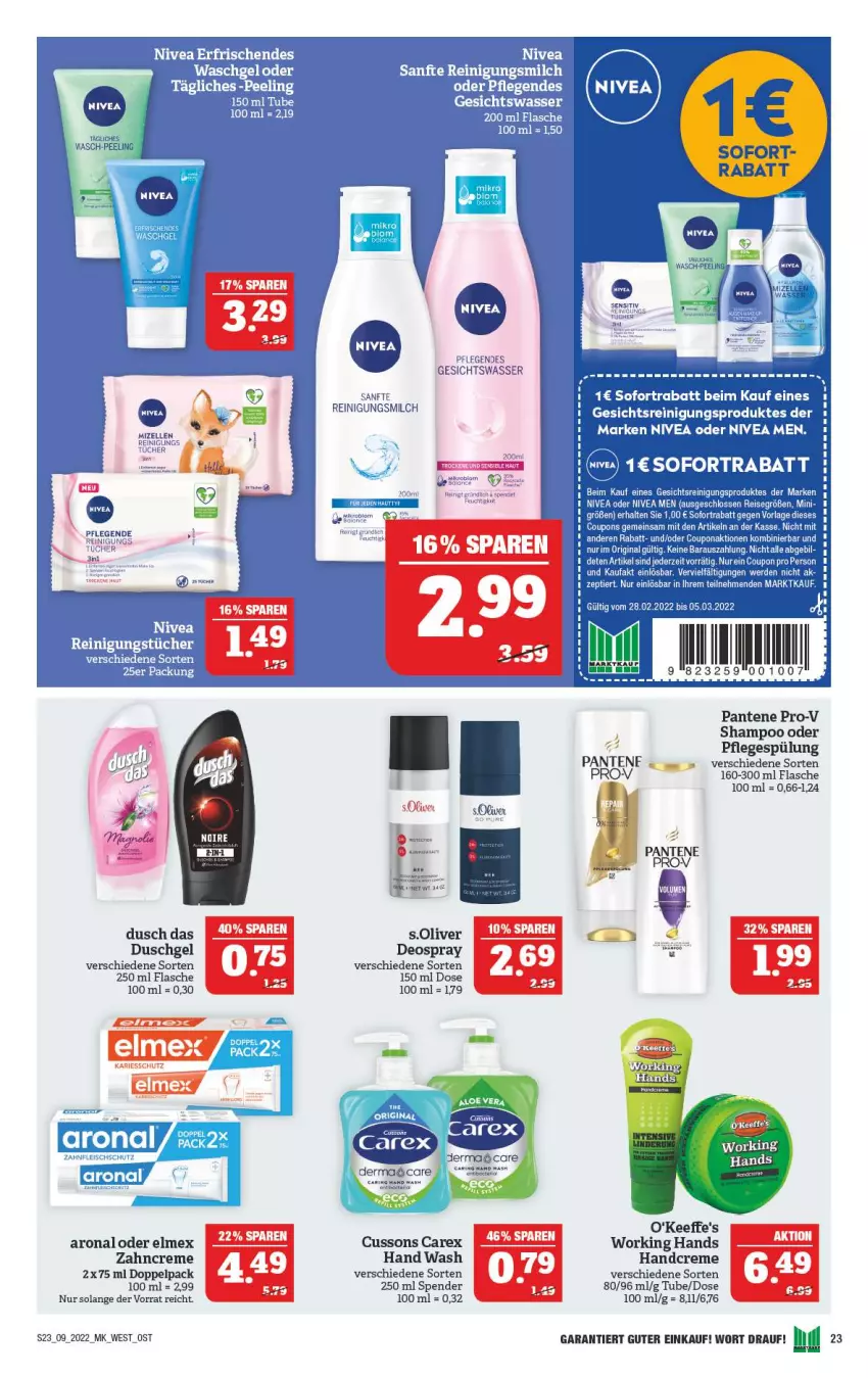 Aktueller Prospekt Marktkauf - Prospekt - von 27.02 bis 05.03.2022 - strona 27 - produkty: creme, deo, deospray, duschgel, elle, elmex, flasche, Gesichtswasser, handcreme, LG, milch, mizellen, olive, pantene, pantene pro-v, Pflegespülung, pro-v, Reinigung, Reinigungsmilch, s.oliver, shampoo, spülung, Stier, Ti, tuc, tücher, Tucher, wasser, zahncreme