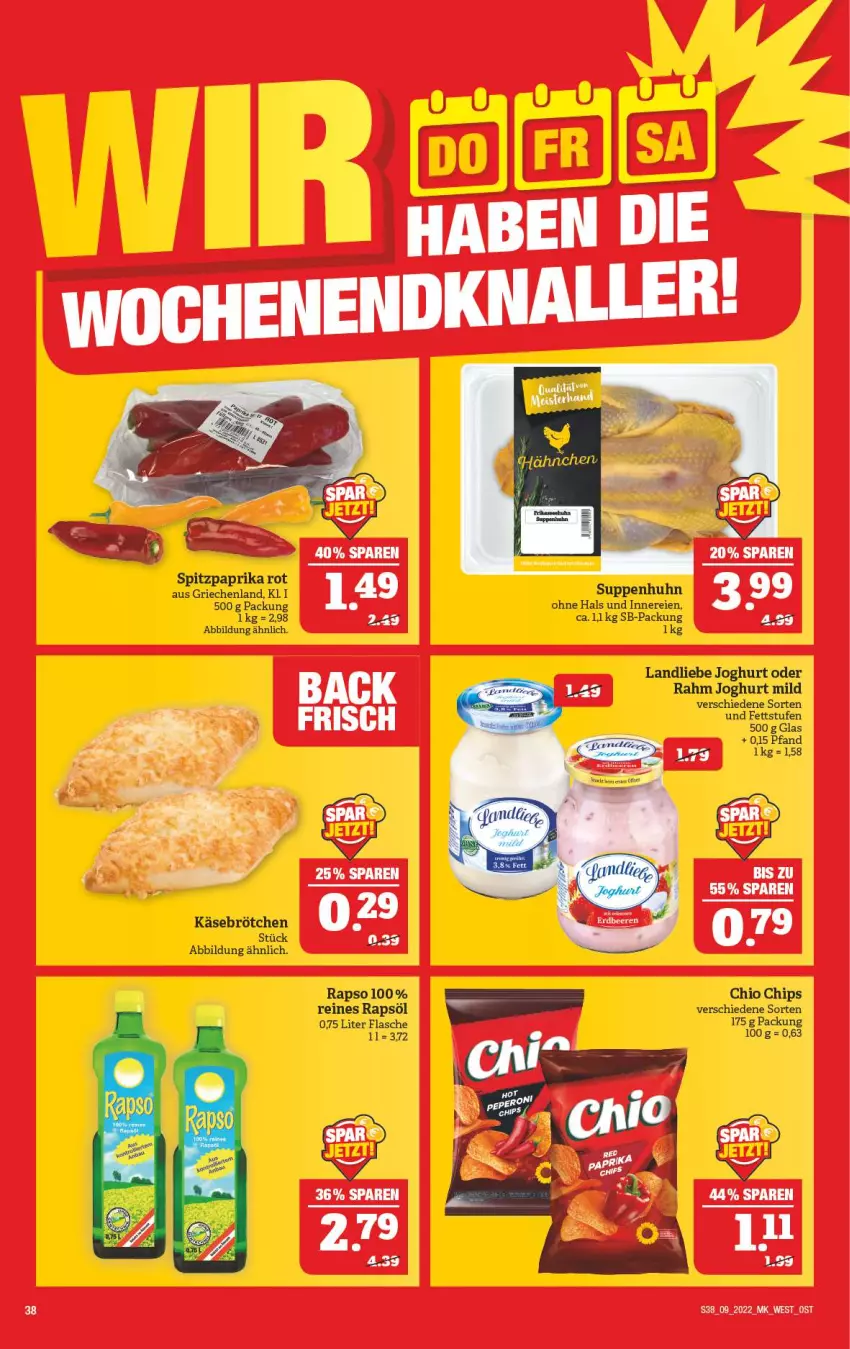 Aktueller Prospekt Marktkauf - Prospekt - von 27.02 bis 05.03.2022 - strona 42 - produkty: brötchen, chio chips, chips, flasche, joghur, joghurt, joghurt mild, Käse, landliebe, landliebe joghurt, paprika, paprika rot, rapso, rapsöl, reines rapsöl, Spitzpaprika, suppe, suppen, Suppenhuhn, Ti