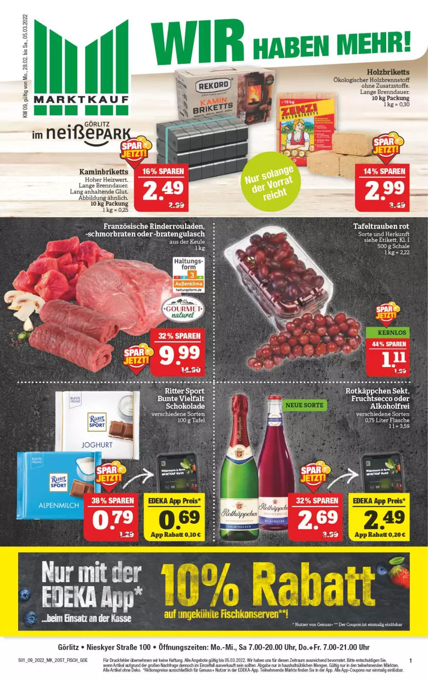 Aktueller Prospekt Marktkauf - Prospekt - von 27.02 bis 05.03.2022 - strona 5 - produkty: aktionspreis, alkohol, angebot, angebote, auer, braten, Brei, briketts, coupon, coupons, deka, ecco, eis, fisch, flasche, frucht, fruchtsecco, gulasch, Kamin, nuss, reis, rind, rinder, Rinderroulade, rinderrouladen, ritter, ritter sport, rouladen, Schal, Schale, schoko, schokolade, Sport, tafeltrauben, tee, Ti, Tiere, trauben, uhr, Yo