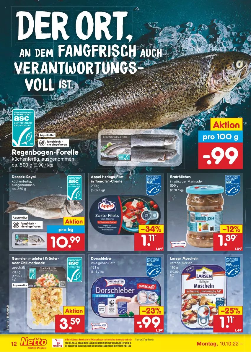 Aktueller Prospekt Netto Marken-Discount - Filial-Angebote - von 10.10 bis 15.10.2022 - strona 12 - produkty: aqua, bestpreis, chili, creme, Dorade, Dorsch, eis, elle, filet, forelle, garnelen, hering, Herings, kräuter, küche, Küchen, marinade, Muscheln, ndk, reis, rel, ring, saft, Ti, tomate, tomaten, versandkostenfrei