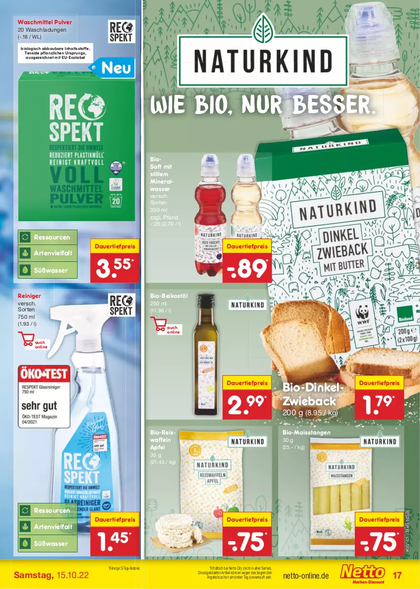 Aktueller Prospekt Netto Marken-Discount - Filial-Angebote - von 10.10 bis 15.10.2022 - strona 17 - produkty: Abba, Alwa, angebot, apfel, auer, Bau, bestpreis, bio, cola, dauertiefpreis, ecolabel, eis, eiswaffeln, mais, mineralwasser, natur, reiniger, reis, Reiswaffeln, saft, Ti, tiefpreis, waffeln, waschmittel, wasser, ZTE