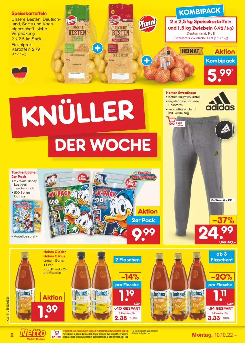 Aktueller Prospekt Netto Marken-Discount - Filial-Angebote - von 10.10 bis 15.10.2022 - strona 2 - produkty: Bau, bestpreis, buch, Comics, dell, disney, eis, flasche, Hohes C, hose, kartoffel, kartoffeln, Lusti, Mode, ndk, reis, sac, schnitten, speisekartoffeln, Sweathose, Tasche, taschen, Taschenbuch, Ti, versandkostenfrei, zwiebel, zwiebeln