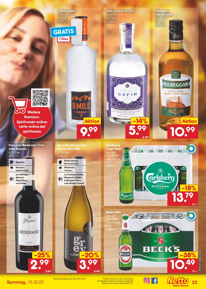 Aktueller Prospekt Netto Marken-Discount - Filial-Angebote - von 10.10 bis 15.10.2022 - strona 23 - produkty: angebot, bestpreis, black label, burgunder, carlsberg, dry gin, eis, elle, fisch, fleisch, freixenet, früchte, früchten, gin, grauburgunder, grill, irish whiskey, Käse, kilbeggan, lack, london dry, london dry gin, meeresfrüchte, pils, reis, rotwein, spirituosen, Ti, vodka, wein, Weißwein, whiskey, ZTE