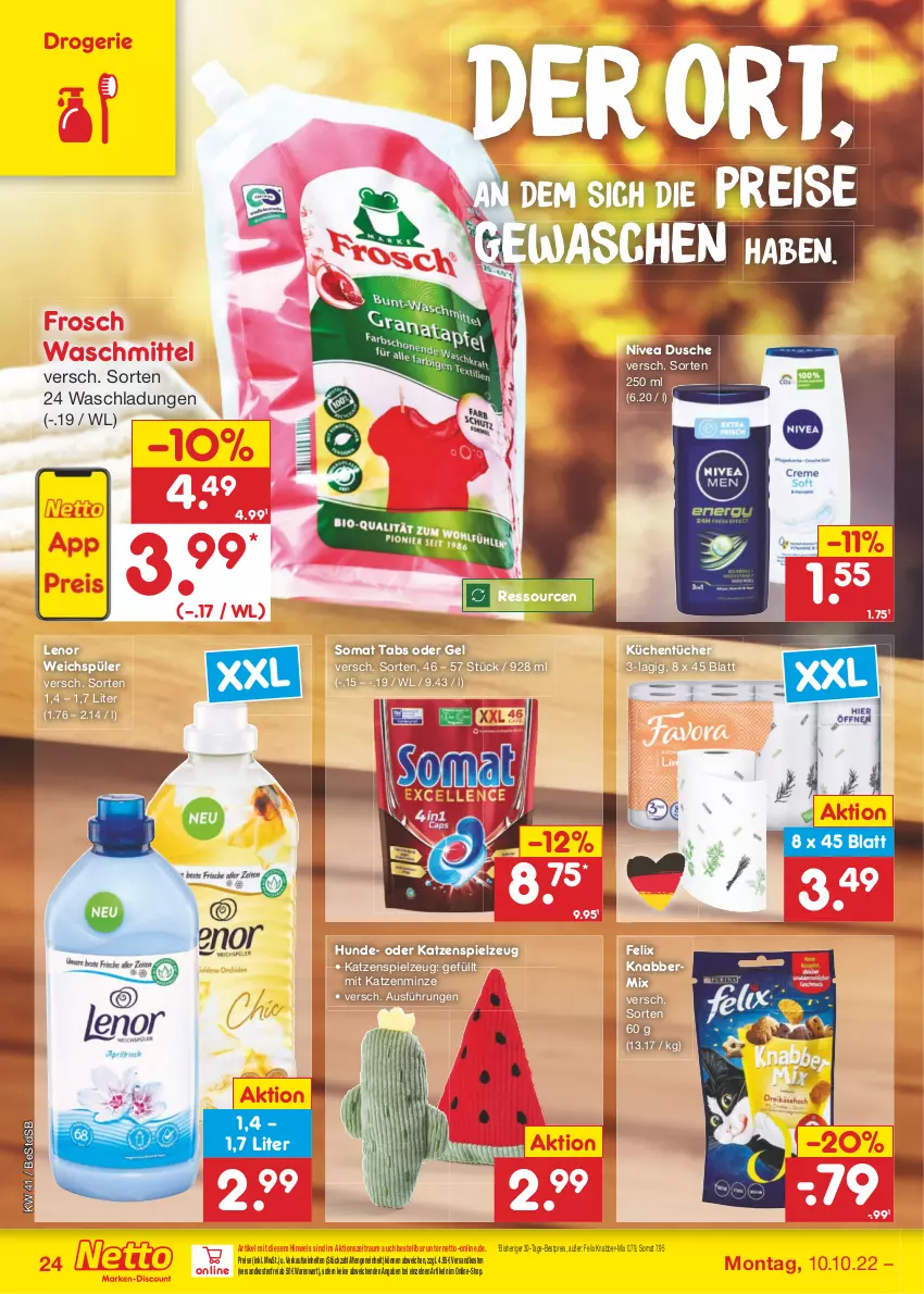 Aktueller Prospekt Netto Marken-Discount - Filial-Angebote - von 10.10 bis 15.10.2022 - strona 24 - produkty: bestpreis, dusche, eis, felix, Frosch, küche, Küchen, küchentücher, lenor, lenor weichspüler, minze, ndk, nivea, reis, somat, spielzeug, Ti, tücher, versandkostenfrei, waschmittel, weichspüler