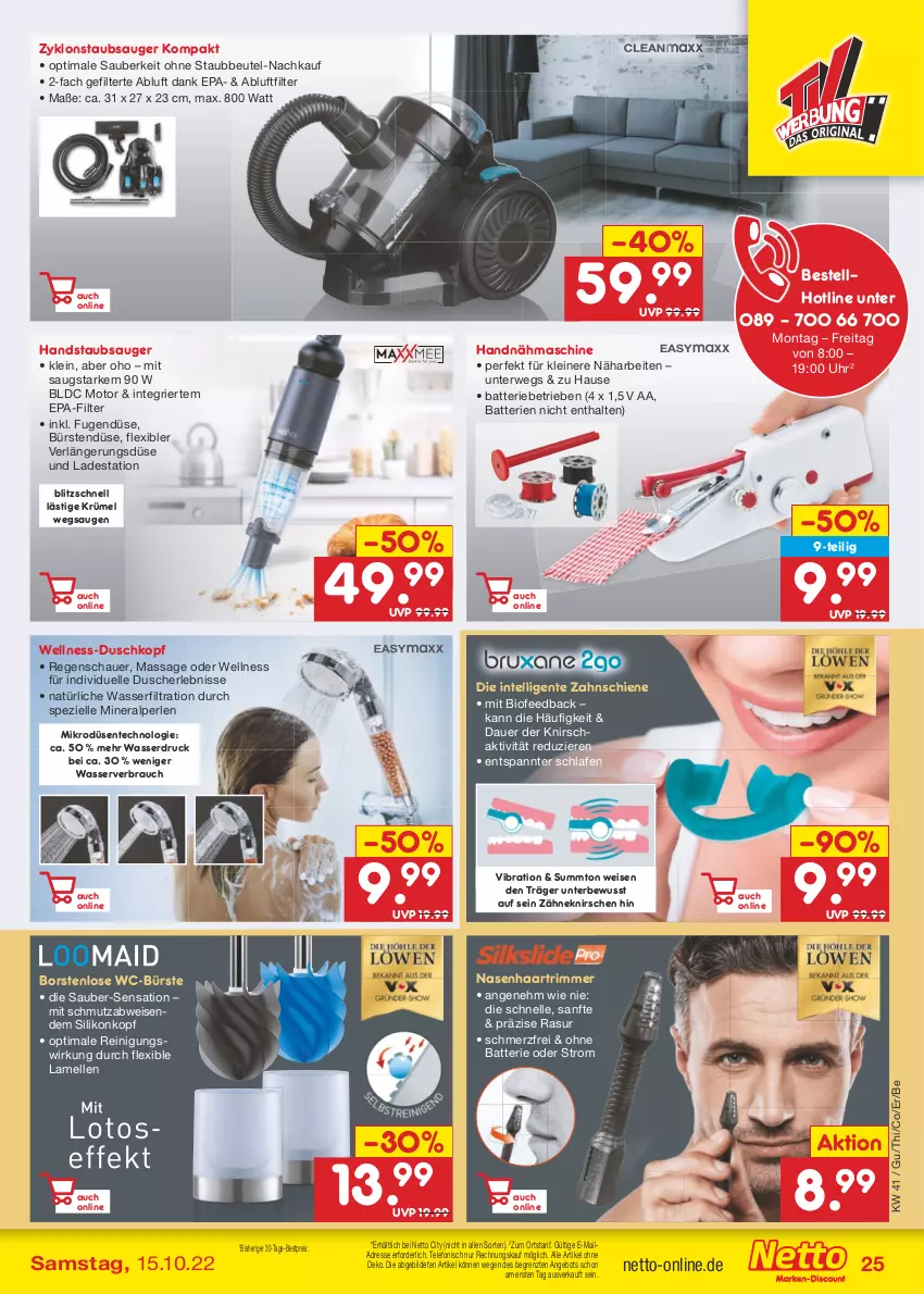 Aktueller Prospekt Netto Marken-Discount - Filial-Angebote - von 10.10 bis 15.10.2022 - strona 25 - produkty: angebot, auer, batterie, batterien, bestpreis, beutel, bio, bürste, bürsten, dusche, eis, elle, ente, gsw, handstaubsauger, Intel, leine, Nähmaschine, perlen, Rauch, Reinigung, reis, rwe, Spezi, staubbeutel, staubsauger, telefon, Ti, uhr, wasser, WC-Bürste, ZTE